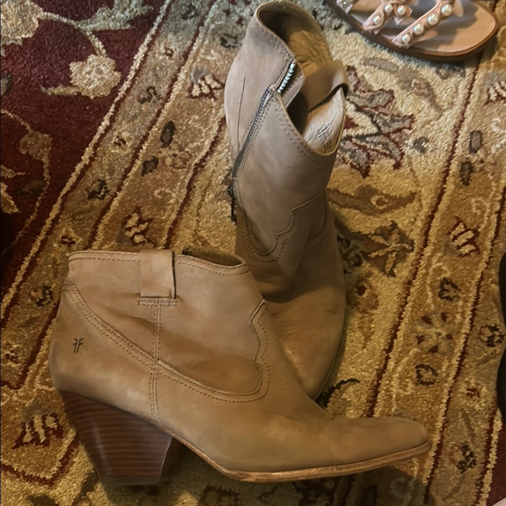 Frye Tan Western Ankle Booties with Stacked Heel